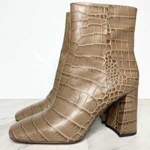 Sam Edelman Codie Square Toe Tan Croc Ankle Leather Boots Booties Size 8